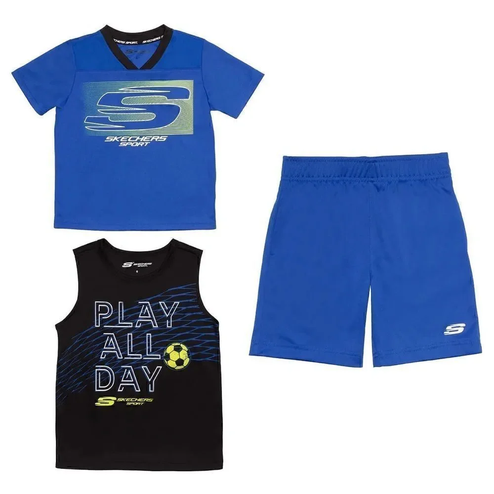 NEW! NWT SKECHERS Boys Kids 3 piece Active Sport Set in Color Blue and Black - Picture 2 of 11
